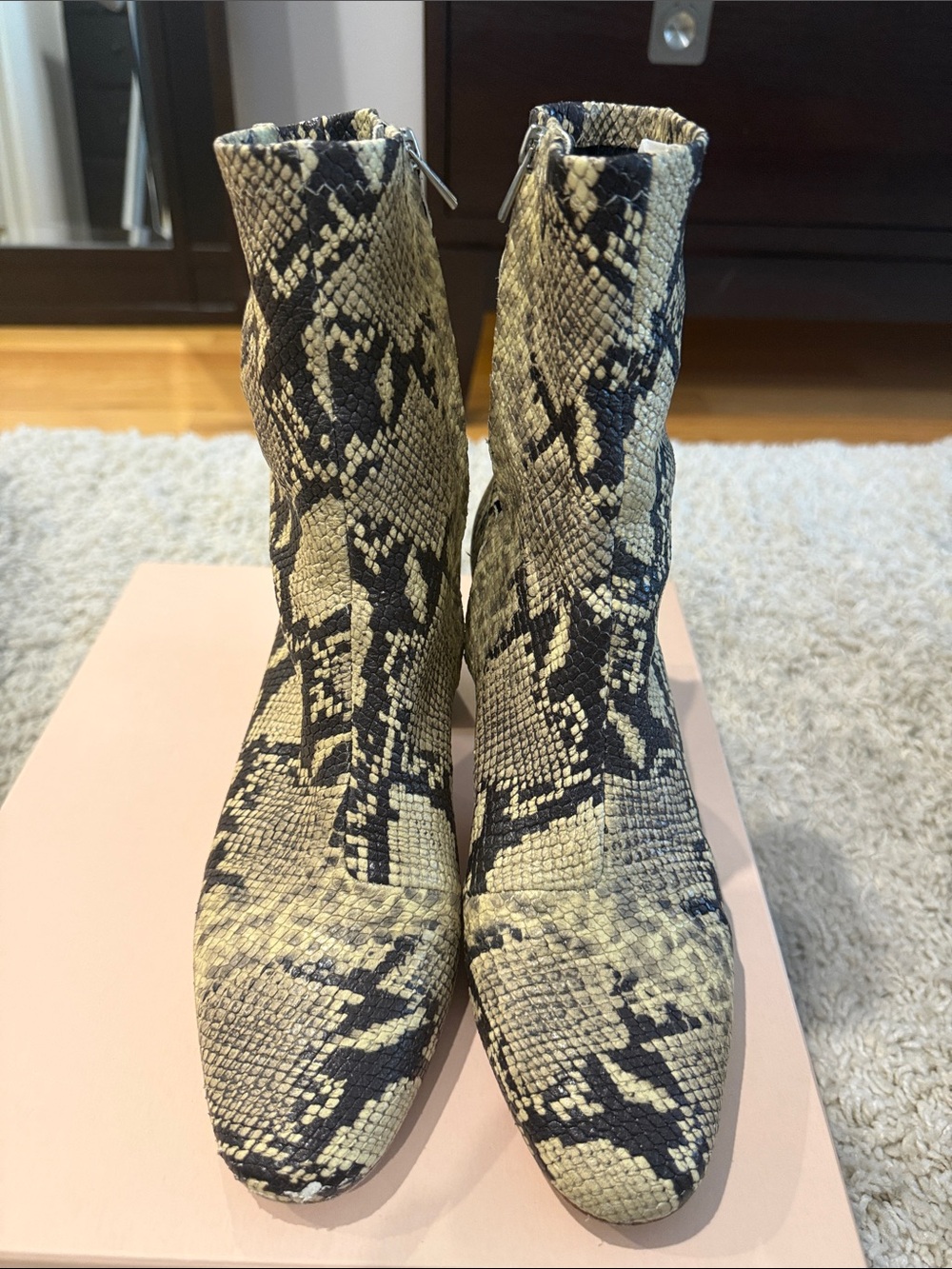 Loeffler Randall Snake-Print Ankle Booties in Black and Cream